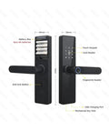 Next Level Smart Door Lock With Fingerprint And Password Plus IC Card Support And Wifi Connectivity Via Tuya App For Remote Access Monitoring USB charging port and battery box view.
