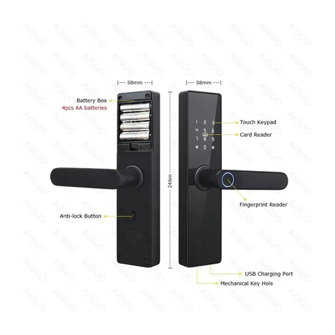 Stress Free Wifi Smart Door Lock Featuring Slick Fingerprint Scanning Knockout Password Entry Key Card Backup Plus Quick Usb Charging For Rock Solid Smart Home Setup In Red Bronze with touch keypad and battery box.