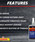 Blue Medium Strength Threadlocker for Metal Fasteners 8.5 oz bottle two pack shown with features of no mixing and prevents rusting.