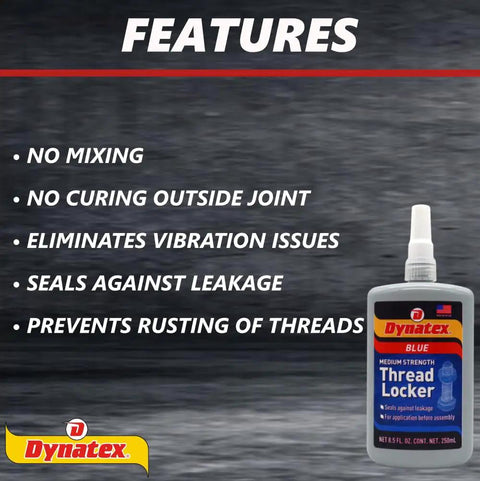 Blue Medium Strength Threadlocker for Metal Fasteners 8.5 oz bottle two pack shown with features of no mixing and prevents rusting.