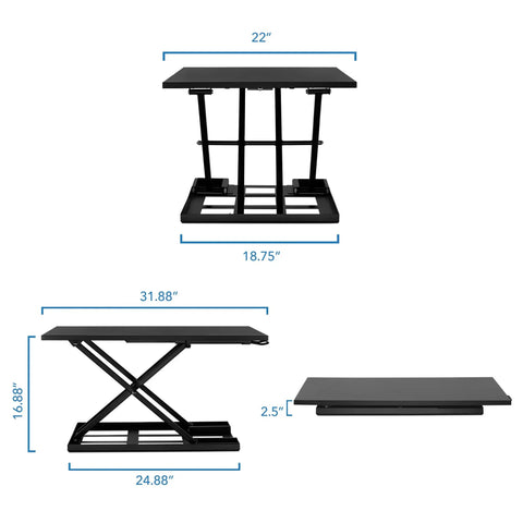 Dimensions of 32 By 22 Inch Standing Desk Converter With Gas Spring Lift Slim Two And A Half Inch Low Profile Sit Stand Desk Riser