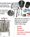 Heavy Duty Manual Honey Press Built With Thick 304 Stainless Steel For Serious Durability, 55 gallon with detachable parts.