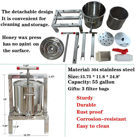 Heavy Duty Manual Honey Press Built With Thick 304 Stainless Steel For Serious Durability, 55 gallon with detachable parts.