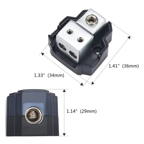 2 Way Mini Car Audio Power Distribution Block Ground Splitter 2 Pack, 4 to 8 Gauge In, 2x 8 to 10 Gauge Out, Brass Construction for Maximum Power Transfer, Marine Grade Satin Chrome Finish, High Temp Polycarbonate Base, angled size view
