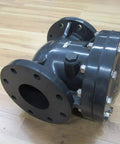 Rock Solid 4 Inch Swing Check Valve Hi PVC Body showing a black 4-inch swing valve with standard flange for plumbing use.