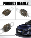Three Piece Built Tough Bolt On Midi Fuses Featuring Fork Mount Design Rated At 70A High Current Capacity Copper Plated Universal Protector For Street Trucks And Work Haulers displayed in multiple angles over a car background.