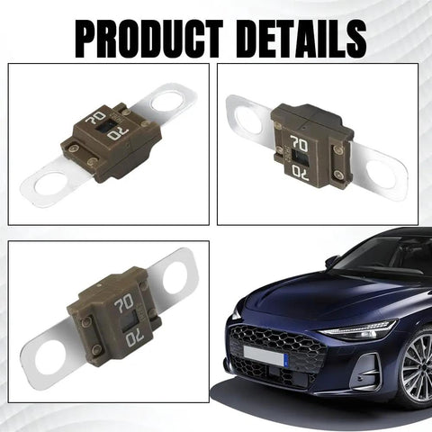 Three Piece Built Tough Bolt On Midi Fuses Featuring Fork Mount Design Rated At 70A High Current Capacity Copper Plated Universal Protector For Street Trucks And Work Haulers displayed in multiple angles over a car background.