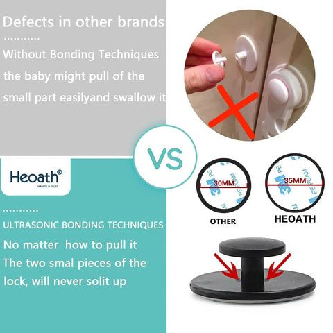 Comparison of other brands and 10 Pack Child Safety Cabinet Locks For Drawers, Fridge, Oven, Toilet Seat, showing secure bonding.