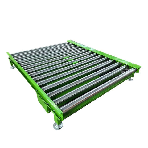 Heavy Duty Electric Hydraulic Scissor Lift Table With Roller Bottom Straight Up Built Tough From Quality Steel Overload Protection And Durable Yellow Paint Smooth Operator For Any Warehouse Or Machine Shop Setup featuring a green frame and metal rollers for easy mobility.