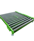 Industrial Mobile Scissor Lift Table With Electric Hydraulic Pump And Conveyor Rollers, heavy-duty roller conveyor on a green frame
