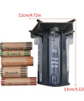 5in1 Coin Counter And Sorter With Tube Wrapper Holder showing coin rolls and size dimensions