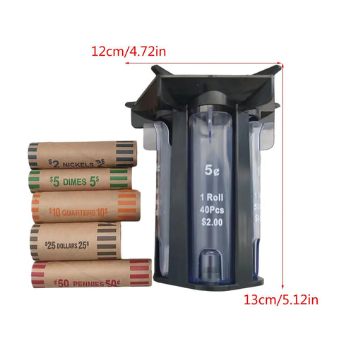 5in1 Coin Counter And Sorter With Tube Wrapper Holder showing coin rolls and size dimensions