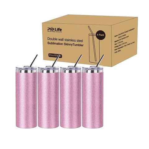 4 Pack 20 Oz Glitter Pink Sublimation Tumblers Skinny With Straws Ready For Custom Designs, Premium Stainless Steel, Gift Box Set
