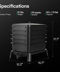 Five Layer Worm Compost Bin For Home Gardens 50L Vermicomposting Kit No Fuss Setup Worm Farm For Recycling Kitchen Scraps Multi Layer Bin For Eco Friendly Sustainable Gardening And Rich Nutrient Compost, black plastic stack with dimensions and spigot view