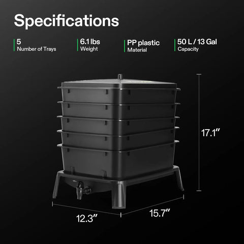 Five Layer Worm Compost Bin For Home Gardens 50L Vermicomposting Kit No Fuss Setup Worm Farm For Recycling Kitchen Scraps Multi Layer Bin For Eco Friendly Sustainable Gardening And Rich Nutrient Compost, black plastic stack with dimensions and spigot view