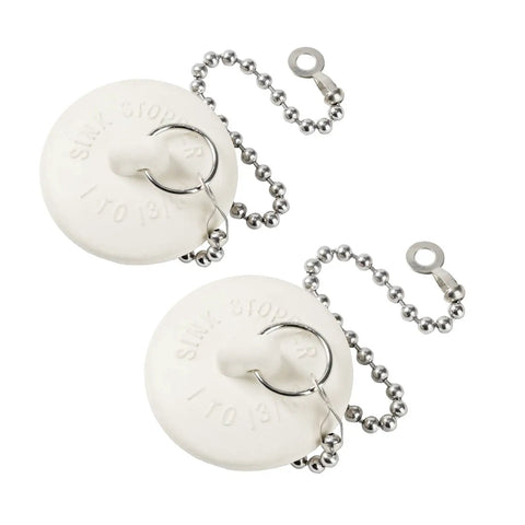 Heavy Hitter 2 Pack Rubber Tub Stopper With Smooth Pull Chain Fits 1 To 1 3 8 Inch Drains, dual white rubber stoppers with chains.