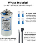 Dual Run HVAC Capacitor 45 Plus 5 MFD 370 440V Kit showing capacitor, connectors, and mounting tie.