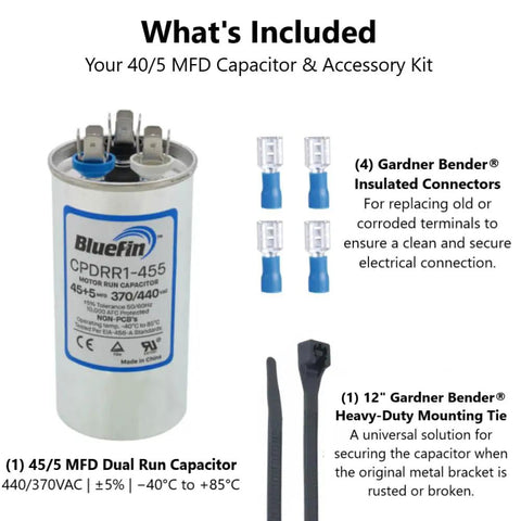 Dual Run HVAC Capacitor 45 Plus 5 MFD 370 440V Kit showing capacitor, connectors, and mounting tie.