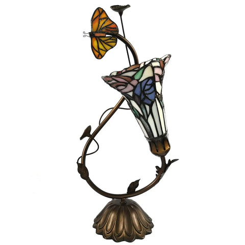 Butterfly Lily Flower Tiffany Style Stained Glass Accent Table Lamp Night Light For Living Room Bedroom Bedside 17 Inch Tall With Removable Butterfly Accessory Warm Glow Cozy Vibe Vintage Home Decor