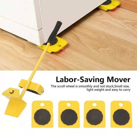 Heavy Duty Furniture Lifter And Mover Tool Set With 4 Roller Sliders for Moving Appliances Like Refrigerators And Washing Machines At Over 200kg Capacity using solid alloy steel lever principle.