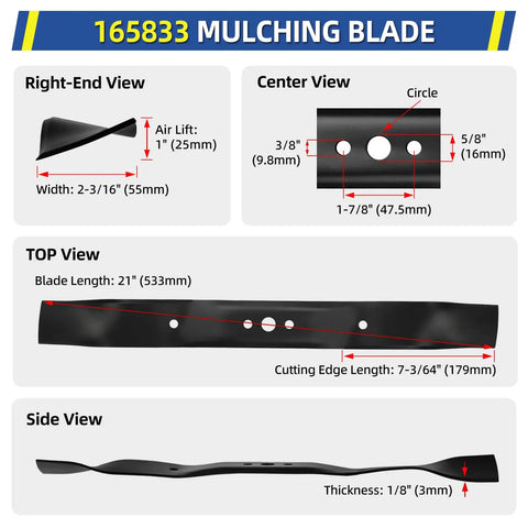Mulching Blade With Five Eighth Inch Circle Mounting Pattern For 21 Inch Deck Push Lawn Mower Replacement Easy Install Durable All Purpose Use Compatible With Craftsman Husqvarna Poulan 532406712 165833 175064 189028 532189028, showing multiple views with measurements and details.