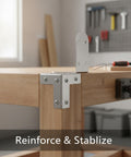 Rock Solid Stainless Steel L Brackets 90 Degree Corner Brace For Furniture And Shelf Reinforcement 4 Pack installed on wooden table