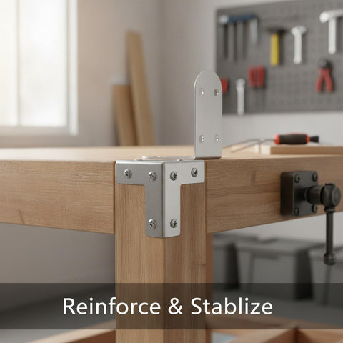 Rock Solid Stainless Steel L Brackets 90 Degree Corner Brace For Furniture And Shelf Reinforcement 4 Pack installed on wooden table