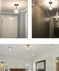 Modern Brass Semi Flush Mount Ceiling Light With Clear Glass Globe installed in hallway and bedroom