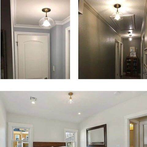 Modern Brass Semi Flush Mount Ceiling Light With Clear Glass Globe installed in hallway and bedroom