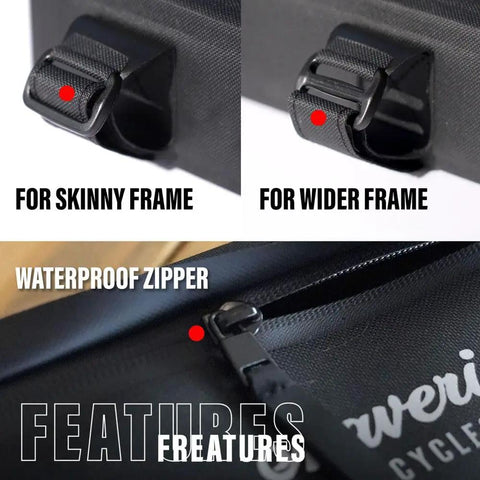 Close-up of Venture Frame Bag For Bikes Triangle Style Black With Large Storage 2.6L Capacity showing straps for different frame sizes and waterproof zipper