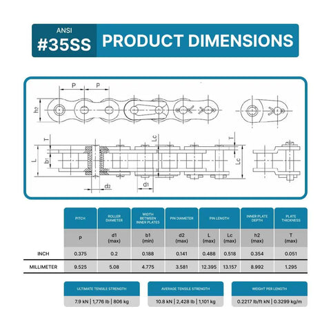Product dimensions of Stainless Steel Roller Chain Number 35 For Industrial Power Transmission 10 Foot Length With Two Free Connecting Links ANSI 35SS 319 Links