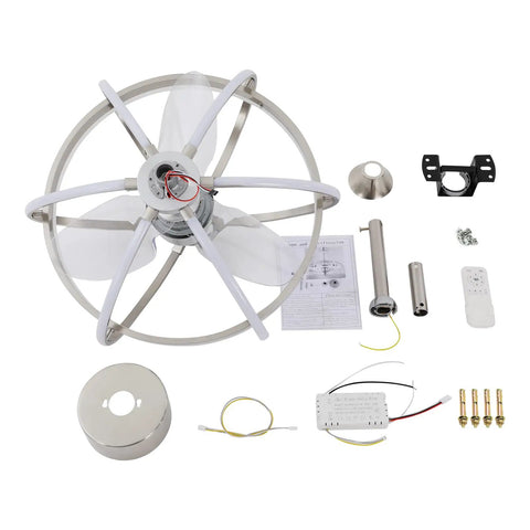 EDUJUAN Ceiling Fan Light with Remote, 3 Blades DC Motor, 3 Color, 22W for showing fan components, metal frame, and remote.