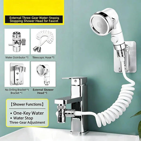 Universal pull down kitchen faucet with flexible hose 2 mode water supply/stop button ideal for bathing cleaning and grooming pets Rubinetto Cucina, featuring a shower head and hose.
