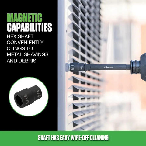 Workhorse 4 Inch One Quarter And Five Sixteenths Reversible Magnetic Nut Driver demonstrating magnetic capabilities on metal surface.