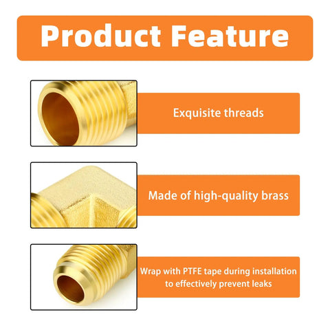 Product features of Dope Brass Tube Fitting Elbow Adapter Three Eighths Inch Flare To One Half Inch NPT Male Two Pack, showing threads and brass material.