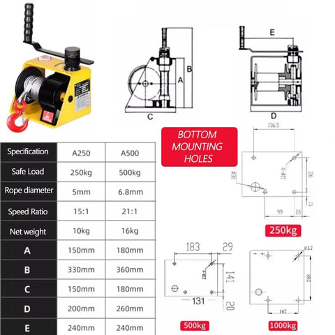 Heavy Duty Hand Crank Winch 550-1100Lbs Capacity With Self-Locking Worm Gear, Waterproof Anti-Corrosion Design side view with specs.