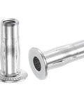 Six Pack 1/4-20 Multi Grip Rivet Nuts With Pre Bulbed Shank Flat Head Threaded Insert Nut 304 Stainless Steel For Construction And Industrial Use Built To Last Fastener Kit For Quick Secure Mounting, close-up view of threaded inserts.