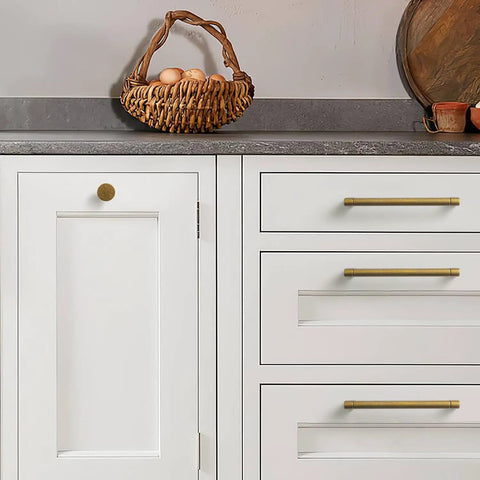 Six Pack Antique Brass Cabinet Knobs Set For Drawers And Cabinets, Solid Zinc Alloy One Hole Mount in kitchen setting