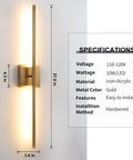 Modern gold wall sconce, vertical design, iron and acrylic, 27.7 inches, mounted on light-colored wall, specifications text inset.