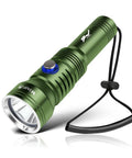 Olive green Beefy Underwater Dive Light for scuba gear, IPX8 waterproof, 196 ft depth rating, aluminum body, side power button.
