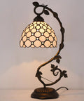 Tiffany Style Table Lamp With Cream Stained Glass Pearl Design, Metal Leaf Base, 8x10x21 Inch Desk Light, S005 Series
