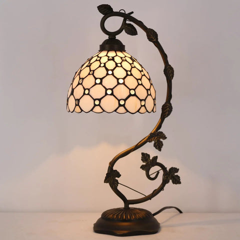 Tiffany Style Table Lamp With Cream Stained Glass Pearl Design, Metal Leaf Base, 8x10x21 Inch Desk Light, S005 Series