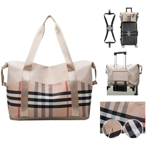 Khaki large capacity travel tote bag with dry wet separation for under seat carry on gym ready luggage duffel with waterproof nylon.