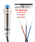 12mm M12 Capacitive Proximity Sensor Switch Non Shield Type LJC12A3-A-Z/AY 5mm Detection Range Adjustable 0-4mm 10-30V DC 200mA PNP Normally Closed Three-Wire Detects Any Dielectric Object with color-coded wires