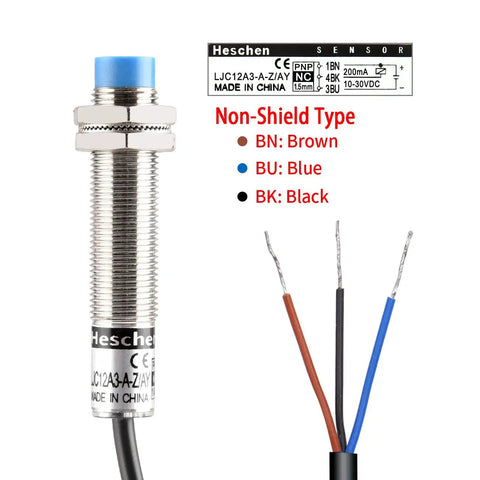 12mm M12 Capacitive Proximity Sensor Switch Non Shield Type LJC12A3-A-Z/AY 5mm Detection Range Adjustable 0-4mm 10-30V DC 200mA PNP Normally Closed Three-Wire Detects Any Dielectric Object with color-coded wires