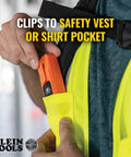 Person clipping Super Handy Laser Distance Measure That Runs From 2 Inches To 100 Feet With Sharp Precision Reads Feet Inches And Meters Backlit LCD For Clear Readouts And Easy One Hand Use For DIY And Pro Projects into safety vest pocket