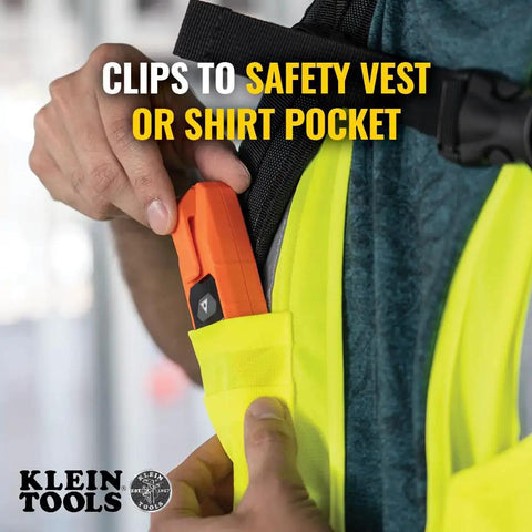 Person clipping Super Handy Laser Distance Measure That Runs From 2 Inches To 100 Feet With Sharp Precision Reads Feet Inches And Meters Backlit LCD For Clear Readouts And Easy One Hand Use For DIY And Pro Projects into safety vest pocket