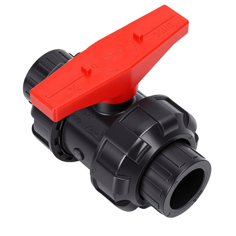 Top Shelf UPVC Union Ball Valve With Double Socket Slip Design For 25mm Pipes Delivers Full Port Rock Solid Zero Resistance Water Flow That Keeps Things Smoove And Flows Like A Dream showcasing a red handle and slip socket.
