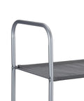 Close-up of gray powder coated steel frame of Freestanding Closet Organizer with Fabric Bins and Drawers, showcasing fabric shelf detail.