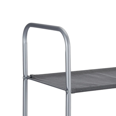 Close-up of gray powder coated steel frame of Freestanding Closet Organizer with Fabric Bins and Drawers, showcasing fabric shelf detail.